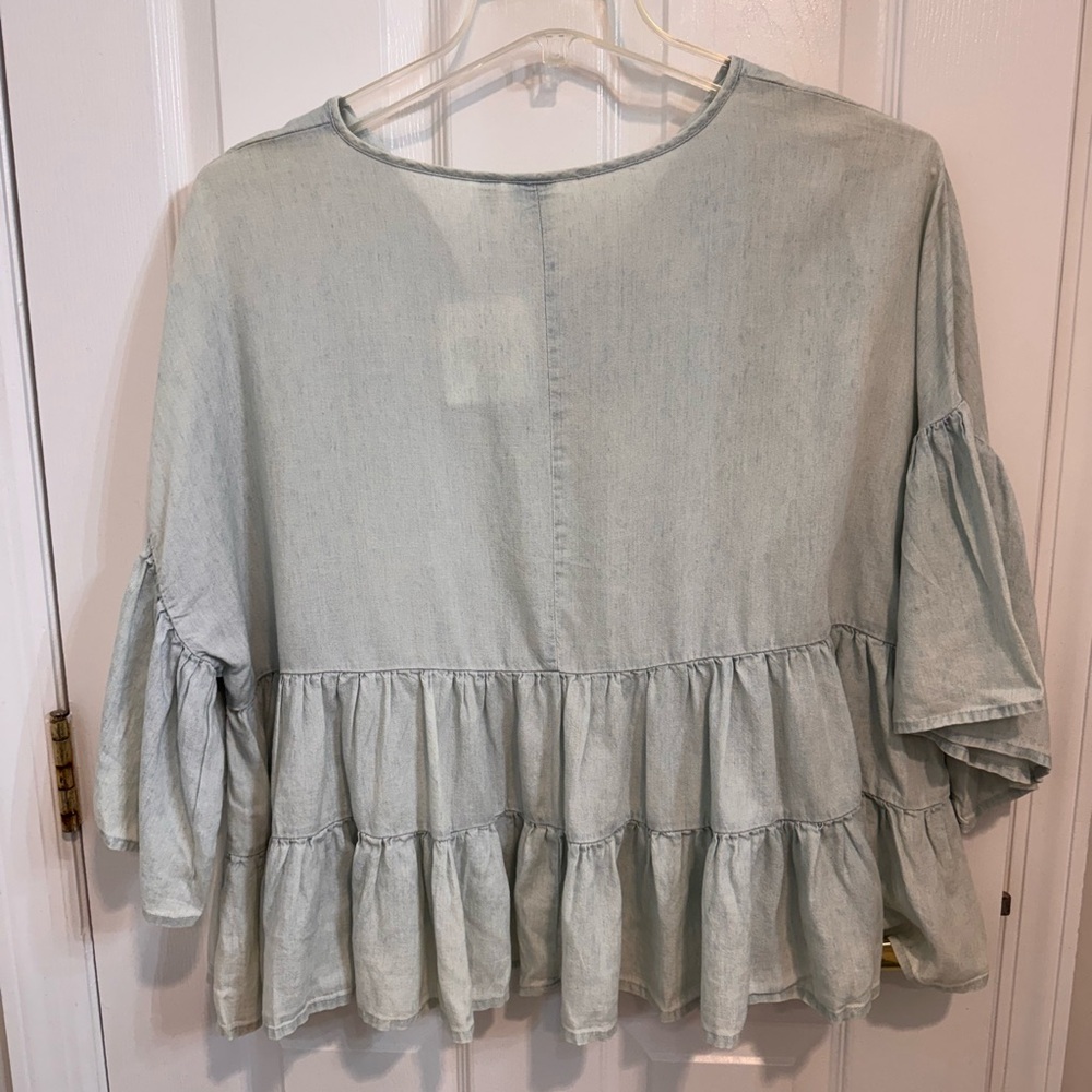 AP Adyson Parker Boho Light Blue Ruffle Hem Chambray Peplum Women's Top Size XL - Picture 6 of 11